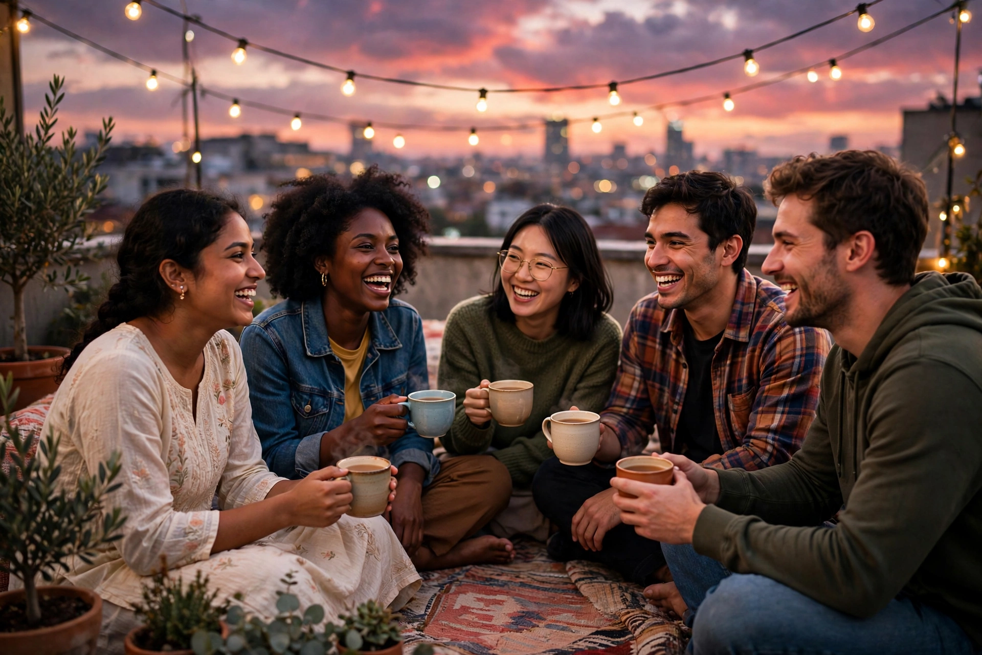 Five friends sitting in a circle with tea at sunset