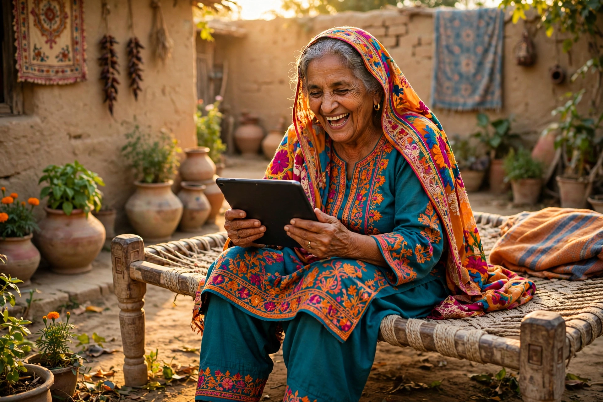 A grandmother smiling at a tablet — love travels instantly