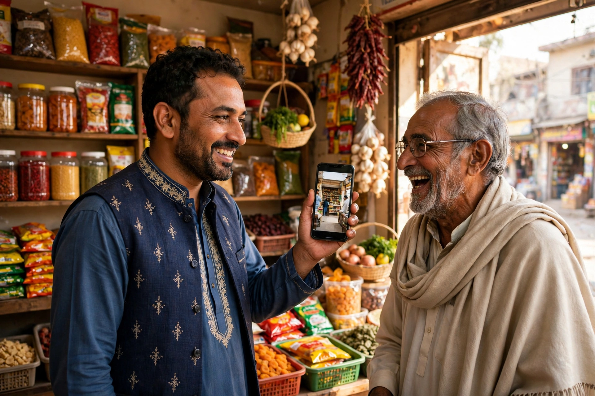 A shopkeeper greeting neighbours — the whole street, one circle