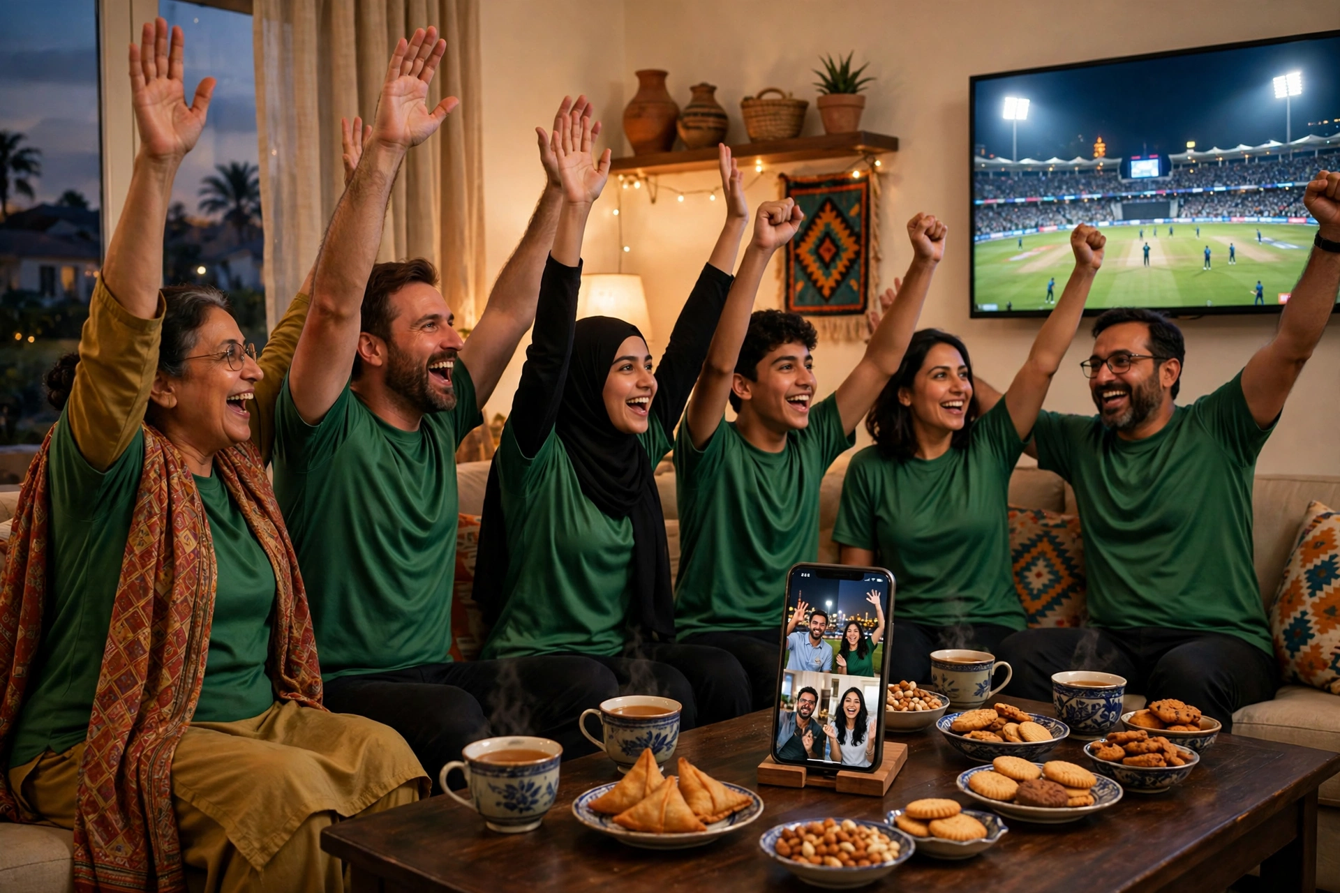 Friends celebrating a cricket moment as one